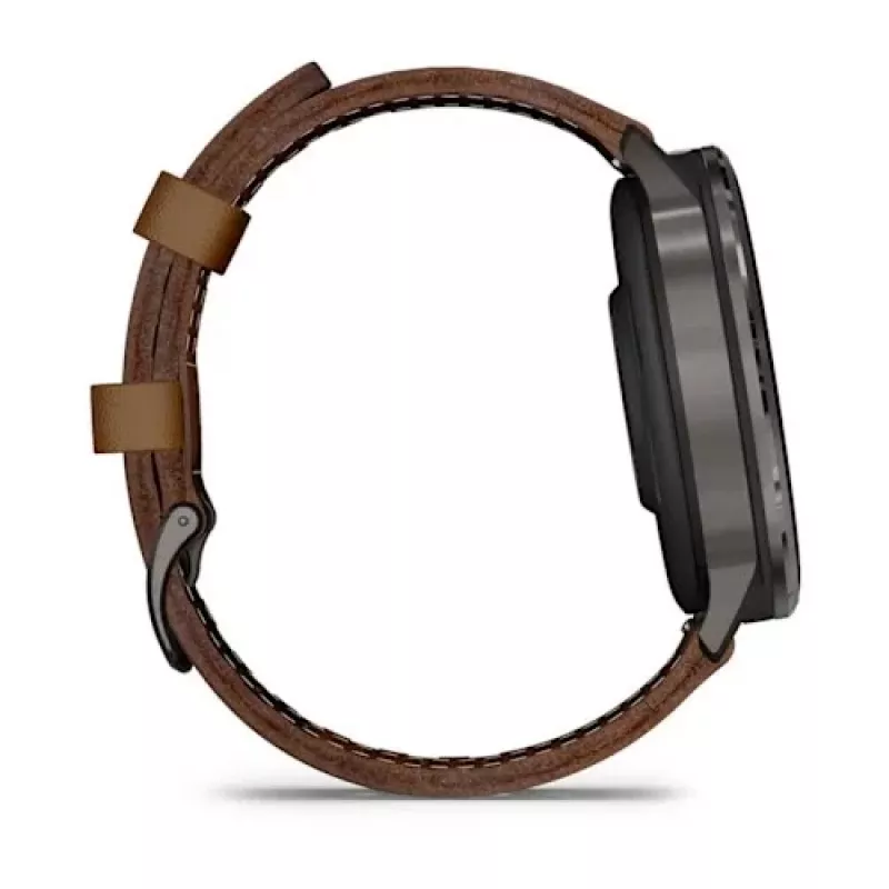 Viedpulkstenis GARMIN Venu 4 45 mm (1,4 collas) AMOLED 454×454 px, Wi‑Fi, GPS, 8 GB, melns korpuss, brūna ādas siksniņa