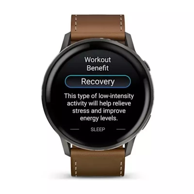 Viedpulkstenis GARMIN Venu 4 45 mm (1,4 collas) AMOLED 454×454 px, Wi‑Fi, GPS, 8 GB, melns korpuss, brūna ādas siksniņa