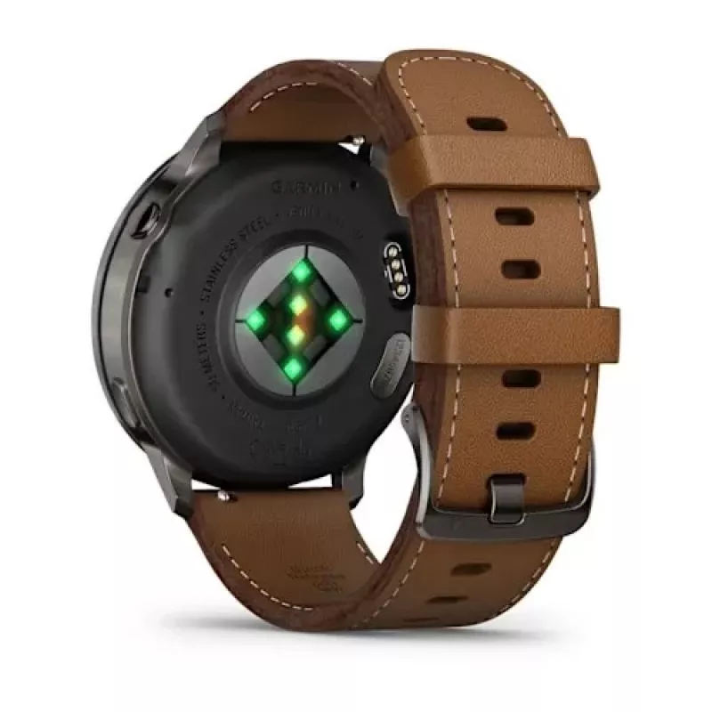 Viedpulkstenis GARMIN Venu 4 45 mm (1,4 collas) AMOLED 454×454 px, Wi‑Fi, GPS, 8 GB, melns korpuss, brūna ādas siksniņa