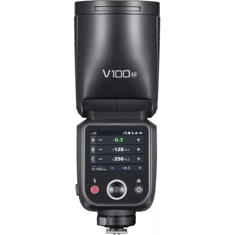 Flash Godox V100‑N Nikon — pārnēsājama TTL Li‑ion uzmavas zibspuldze