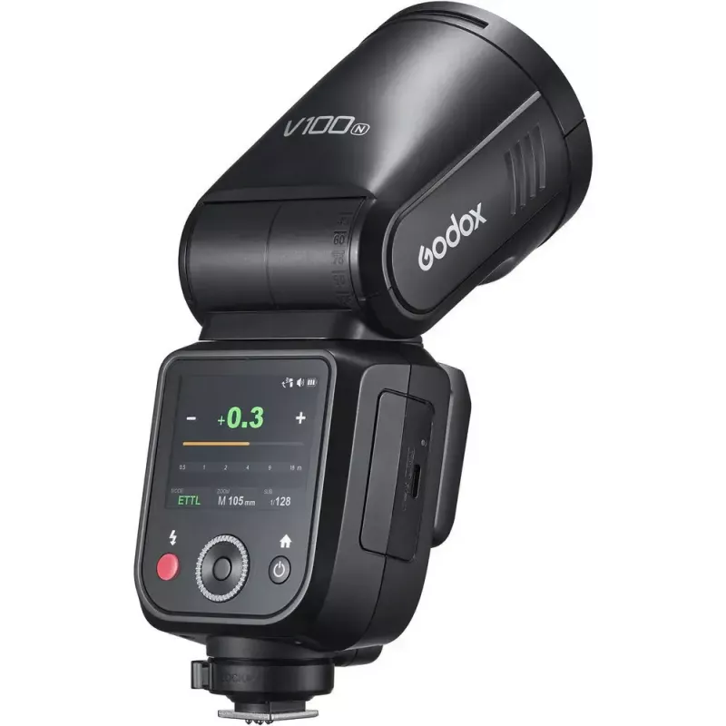 Flash Godox V100‑N Nikon — pārnēsājama TTL Li‑ion uzmavas zibspuldze