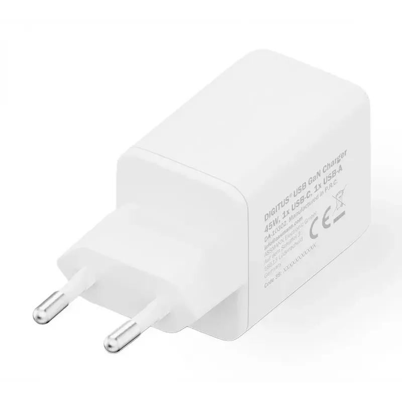 Sienas lādētājs DIGITUS USB GaN 45W — 1× USB-C, 1× USB-A, ieeja 100–240 V, balts
