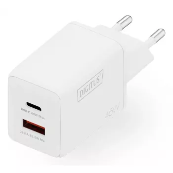 Sienas lādētājs DIGITUS USB GaN 45W — 1× USB-C, 1× USB-A, ieeja 100–240 V, balts