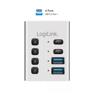 Hub USB3.2 Gen1, 4 porti, USB-A/C, ieslēgšanas/izslēgšanas slēdzis