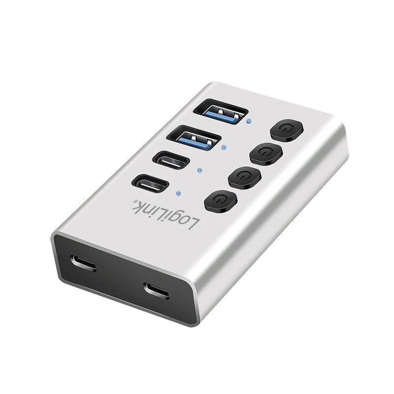 Hub USB3.2 Gen1, 4 porti, USB-A/C, ieslēgšanas/izslēgšanas slēdzis
