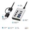 Hub USB3.2 Gen1, 4 porti, USB-A/C, ieslēgšanas/izslēgšanas slēdzis