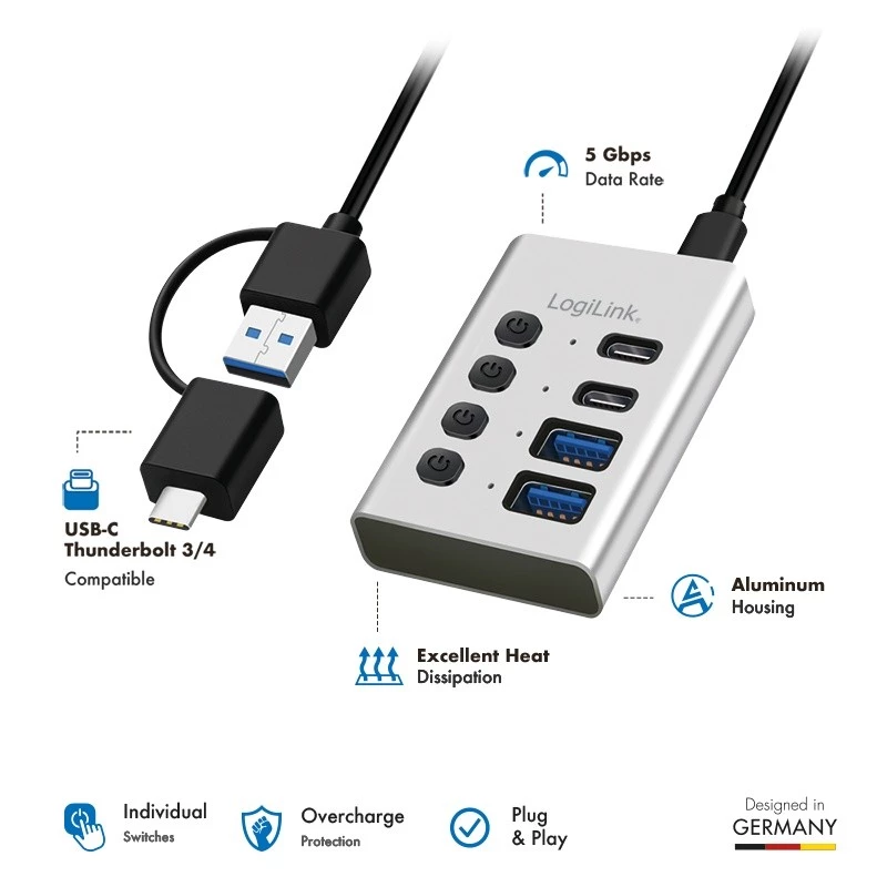 Hub USB3.2 Gen1, 4 porti, USB-A/C, ieslēgšanas/izslēgšanas slēdzis