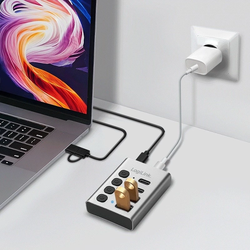 Hub USB3.2 Gen1, 4 porti, USB-A/C, ieslēgšanas/izslēgšanas slēdzis