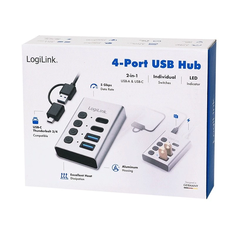 Hub USB3.2 Gen1, 4 porti, USB-A/C, ieslēgšanas/izslēgšanas slēdzis