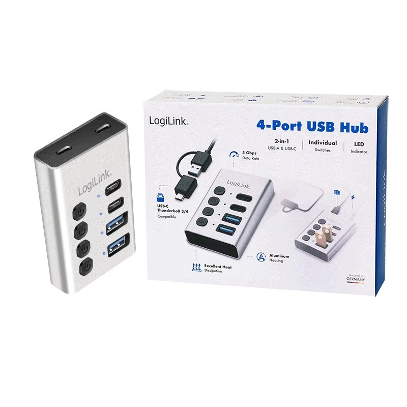 Hub USB3.2 Gen1, 4 porti, USB-A/C, ieslēgšanas/izslēgšanas slēdzis