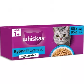 Whiskas mitrās kaķu barības paciņas Rybne przysmaki w galaretce 80 x 85 g — zivs želejā