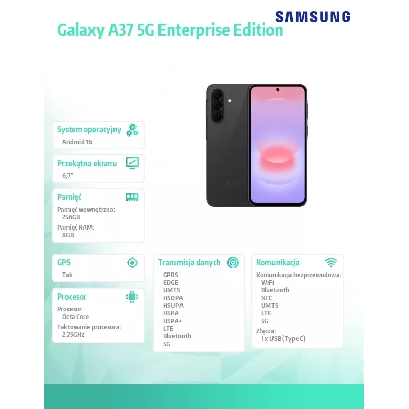 Viedtālrunis Galaxy A37 5G 8/256GB Enterprise Edition melns