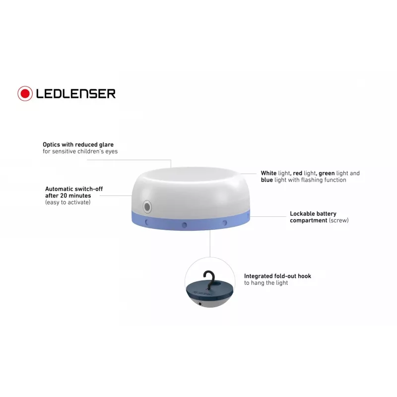 Ar baterijām darbināms kempinga lukturis Ledlenser Kidcamp6 — LED RGB, 60 lm, AAA, ABS korpuss, 95 g