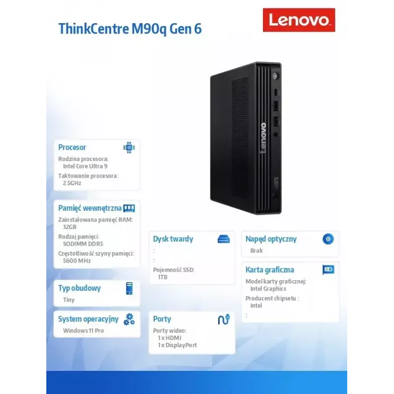 Galddators Lenovo ThinkCentre M90q Tiny G6 – Intel Core Ultra 9 285, 2×16GB RAM, 1TB SSD, Windows 11 Pro, melns