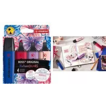 Marķieris Stabilo BOSS Nature Colors Wildflower edition, komplektā 4, slīps uzgalis 2–5 mm, ilgs atvērtā stāvokļa laiks – drošs kapilāriem