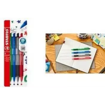 Lodīšu pildspalva Stabilo pointball colorful, 4 gab. komplekts futrālī, neslīdoša satveršanas zona, mīksta tinte (6033/4)