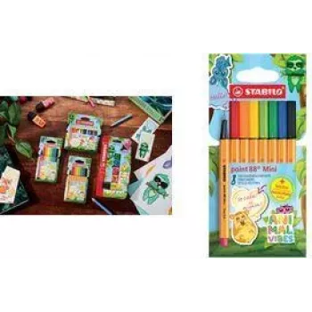 Fineliner pildspalvu komplekts Stabilo point 88 Mini Animal Vibes, 8 krāsas, 0,4 mm metāla apvalka uzgalis, ventilējams vāciņš