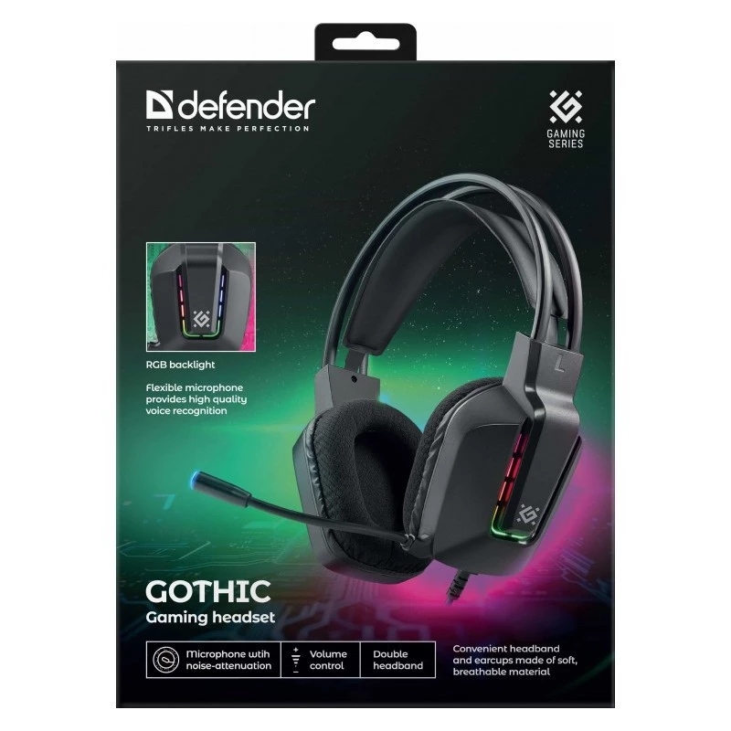 Vadu USB spēļu austiņas DEFENDER GOTHIC RGB ar mikrofonu, melnas