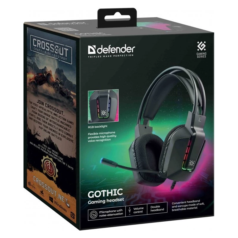 Vadu USB spēļu austiņas DEFENDER GOTHIC RGB ar mikrofonu, melnas