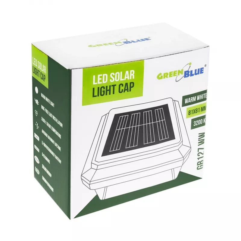 Solar LED staba gaismeklis GreenBlue GB127 WW — 3200K Neitrāli balts, 80×80mm aploksnes kupols, NiMH baterija