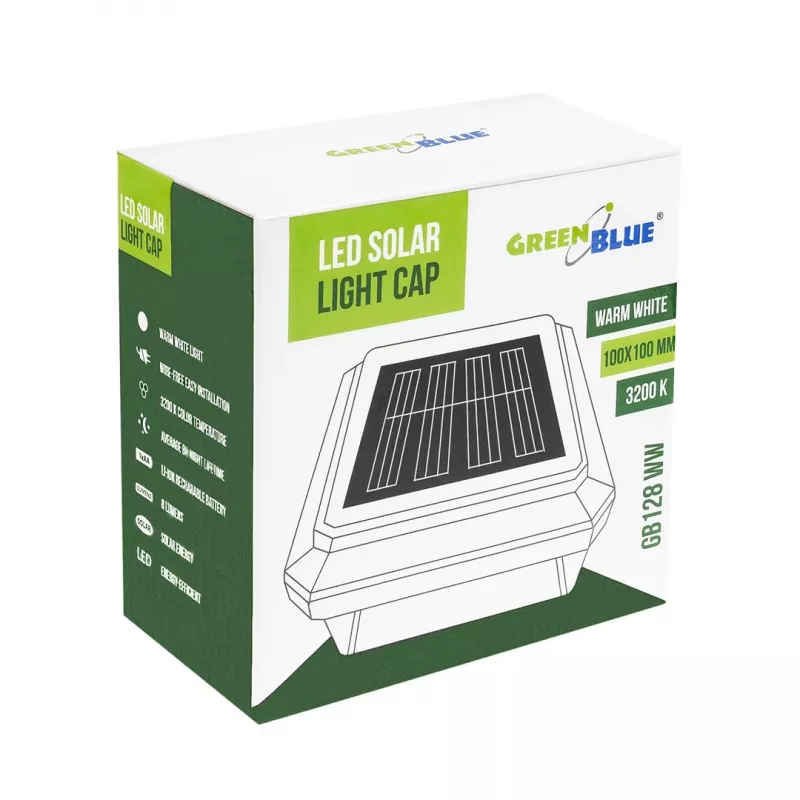 Saules LED staba gaismeklis GreenBlue GB128 WW, 3200K neitrāli balts, kupolveida kupols, 100x100mm, melns