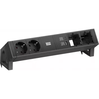Barošanas modulis Bachmann DESK2 ar 2x CEE7/3 rozetēm, 2x datoru portiem, 2x USB lādētāju 22W, melns, 0.2m GST