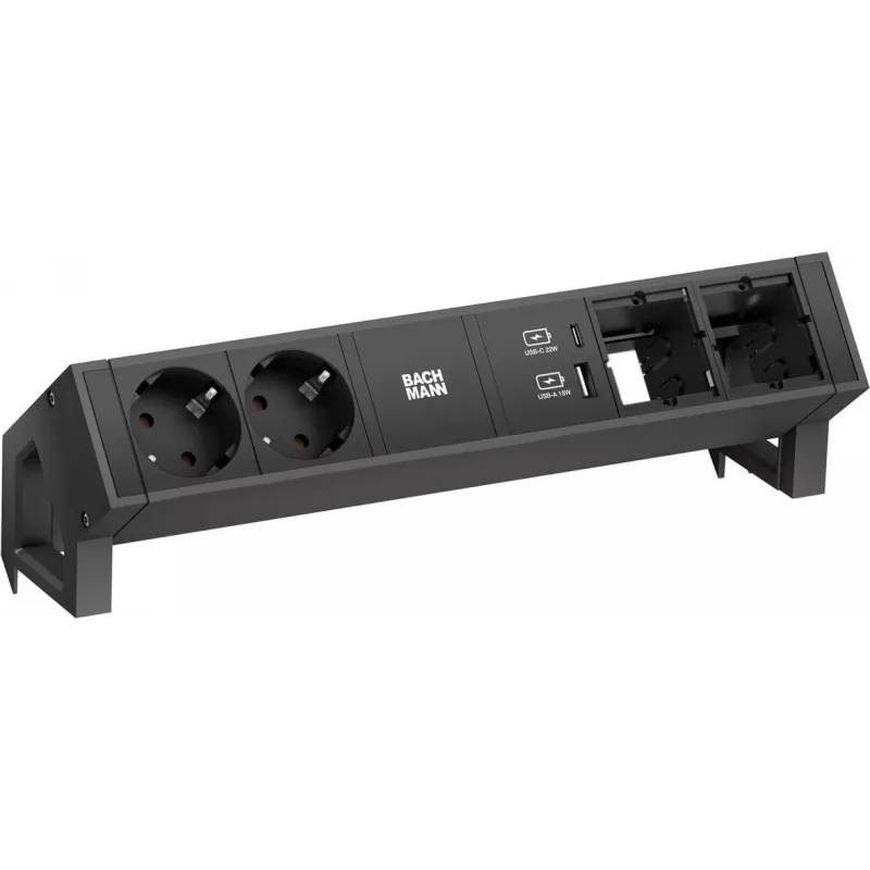Barošanas modulis Bachmann DESK2 ar 2x CEE7/3 rozetēm, 2x datoru portiem, 2x USB lādētāju 22W, melns, 0.2m GST