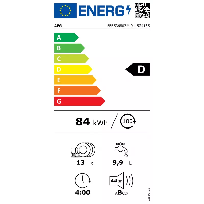 Pilnībā iebūvējama trauku mazgājamā mašīna AEG FEE53680ZM — 13 galda piederumu komplekti, 60 cm, 44 dB, energoefektivitātes klase D