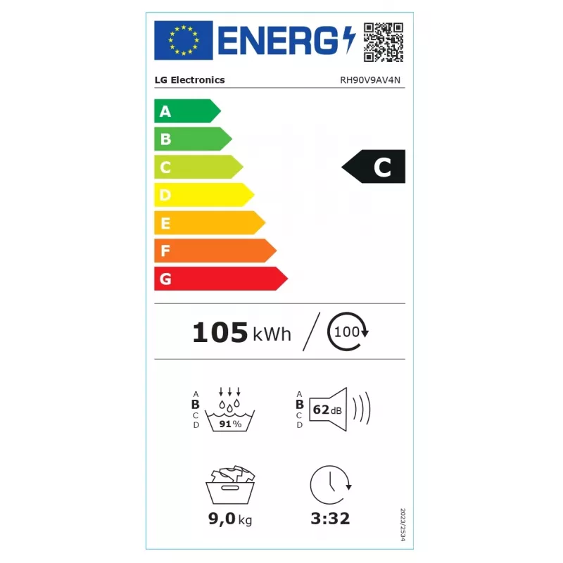 LG RH90V9AV4N, siltumsūknis, 9 kg, dziļums 66 cm - veļas žāvētājs