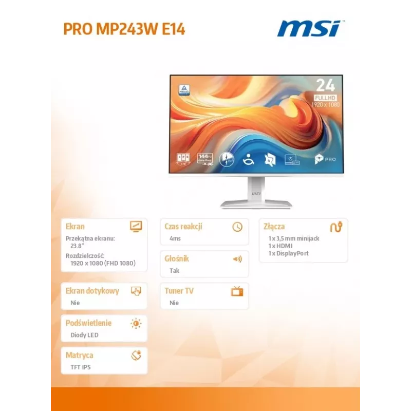 Monitors PRO MP243W E14 23,8 collas LED/FHD/PLAKANS/144Hz/balts