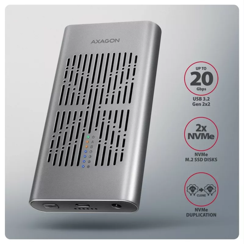 Ārējais korpuss AXAGON EEM2-20GD USB-C 20 Gbps diviem M.2 NVMe SSD diskiem ar aparatūras klonēšanu