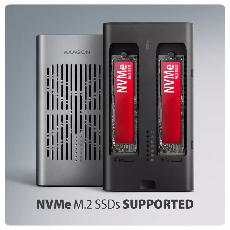 Ārējais korpuss AXAGON EEM2-20GD USB-C 20 Gbps diviem M.2 NVMe SSD diskiem ar aparatūras klonēšanu