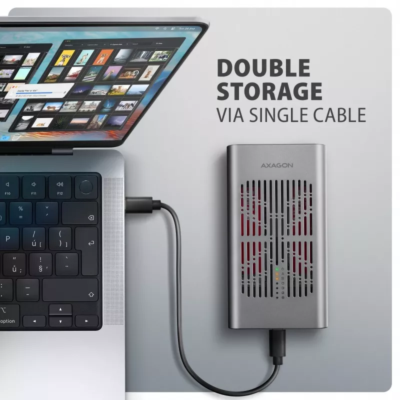 Ārējais korpuss AXAGON EEM2-20GD USB-C 20 Gbps diviem M.2 NVMe SSD diskiem ar aparatūras klonēšanu