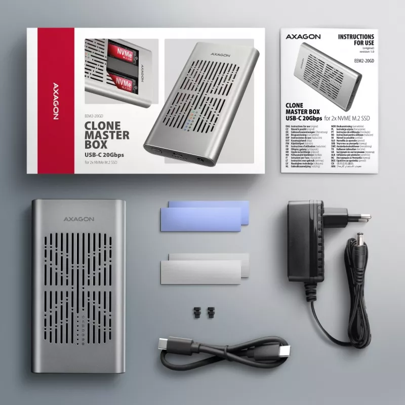 Ārējais korpuss AXAGON EEM2-20GD USB-C 20 Gbps diviem M.2 NVMe SSD diskiem ar aparatūras klonēšanu