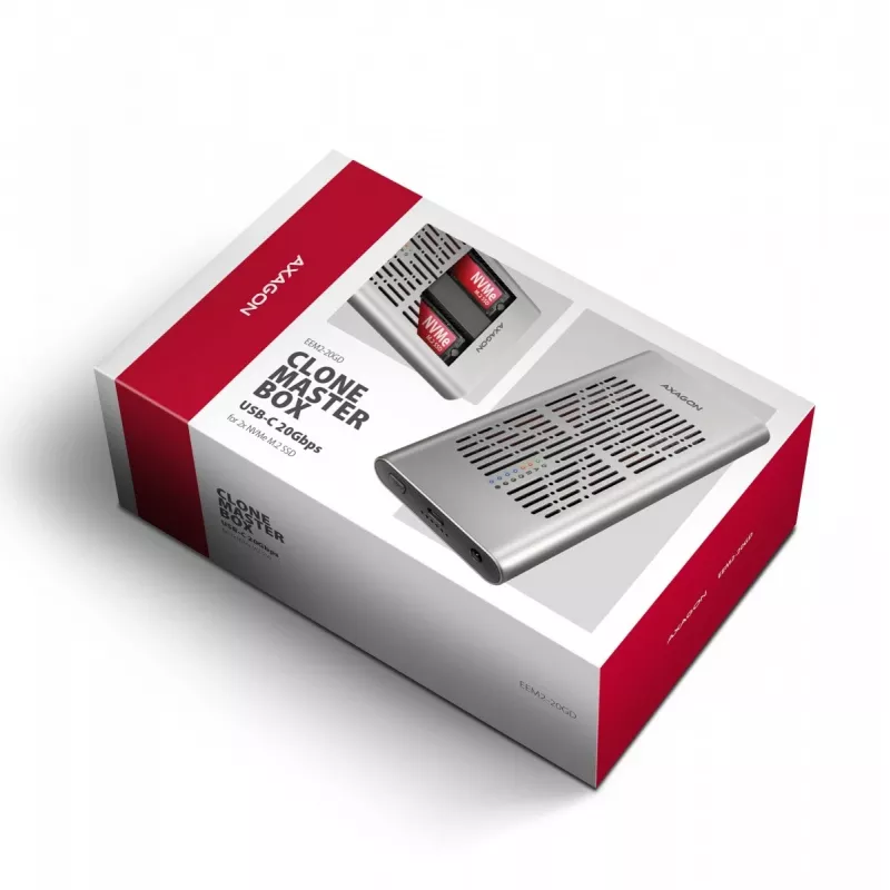 Ārējais korpuss AXAGON EEM2-20GD USB-C 20 Gbps diviem M.2 NVMe SSD diskiem ar aparatūras klonēšanu