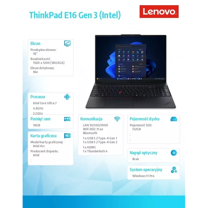 Lenovo ThinkPad E16 Gen 3 portatīvais dators, Intel Core Ultra 7 256V, 16GB RAM, 512GB SSD, 16 collu WUXGA, Windows 11 Pro, melns