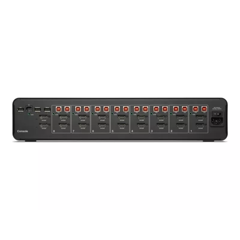 KVM slēdzis Belkin F1DN208KVM-UN-4 — 8-portu divu galvu HDMI/DisplayPort, USB tastatūra un pele, 4K@60Hz, statīva montāža, melns