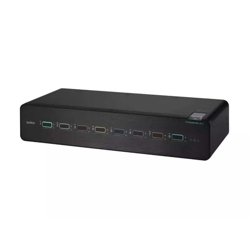 KVM slēdzis Belkin F1DN208KVM-UN-4 — 8-portu divu galvu HDMI/DisplayPort, USB tastatūra un pele, 4K@60Hz, statīva montāža, melns