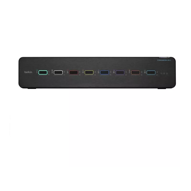 KVM slēdzis Belkin F1DN208KVM-UN-4 — 8-portu divu galvu HDMI/DisplayPort, USB tastatūra un pele, 4K@60Hz, statīva montāža, melns