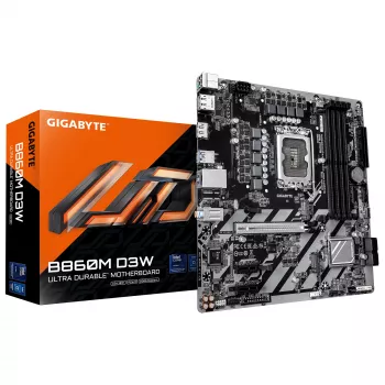 GIGABYTE B860M D3W pamatplate - Intel Core Ultra sērijas procesori, 4+1+2 fāzes VRM, līdz 9066 MHz DDR5, 2xPCIe 4.0 M.2, 1 GbE LAN, USB 3.2 Gen 1
