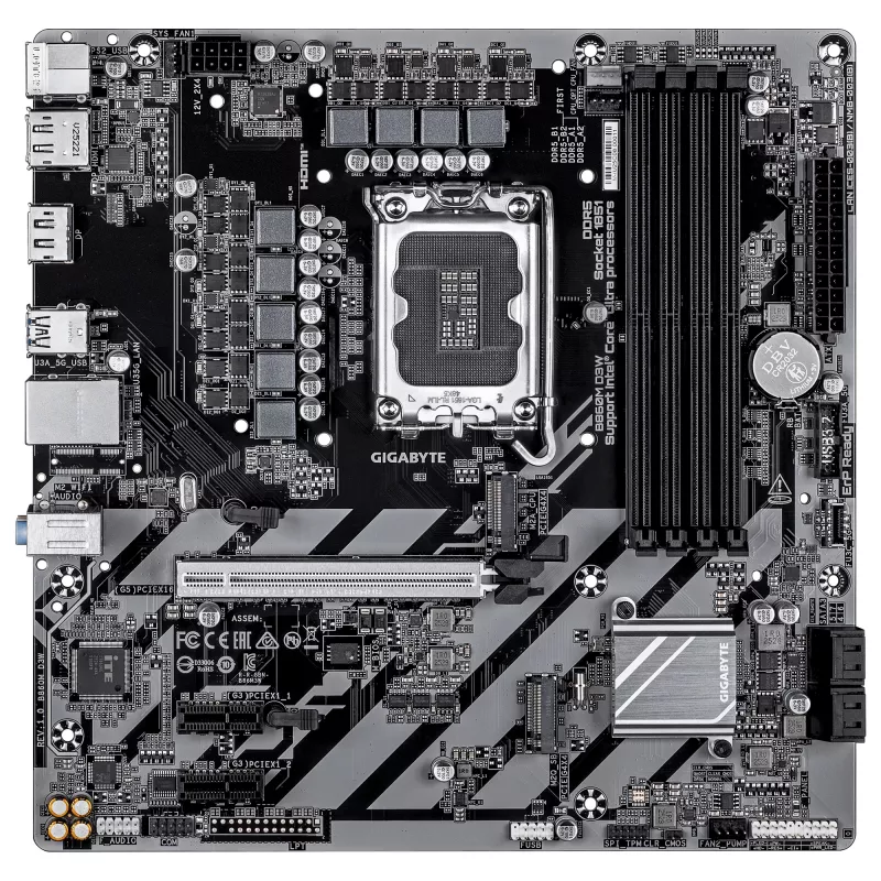 GIGABYTE B860M D3W pamatplate - Intel Core Ultra sērijas procesori, 4+1+2 fāzes VRM, līdz 9066 MHz DDR5, 2xPCIe 4.0 M.2, 1 GbE LAN, USB 3.2 Gen 1