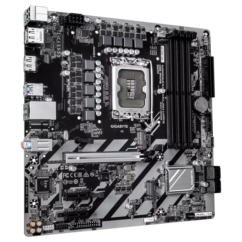 GIGABYTE B860M D3W pamatplate - Intel Core Ultra sērijas procesori, 4+1+2 fāzes VRM, līdz 9066 MHz DDR5, 2xPCIe 4.0 M.2, 1 GbE LAN, USB 3.2 Gen 1