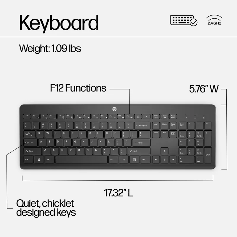 HP 230 bezvadu pele un tastatūra, melna, pele iekļauta