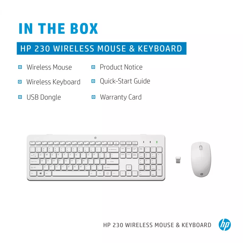 HP 230 bezvadu peles un tastatūras komplekts, balts, pele iekļauta