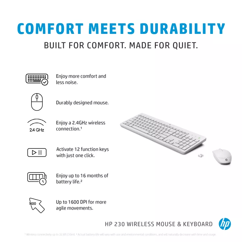 HP 230 bezvadu peles un tastatūras komplekts, balts, pele iekļauta