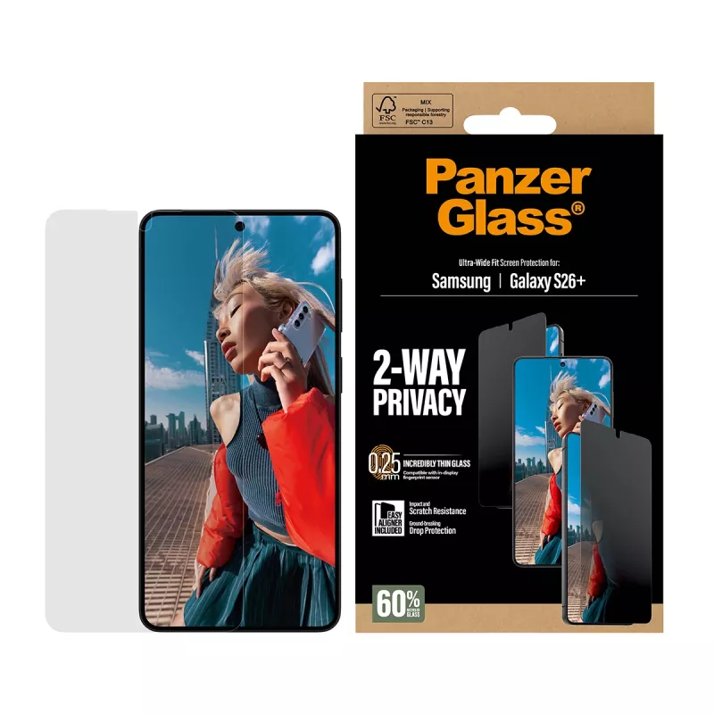PanzerGlass® 2-Way Privacy ekrāna aizsargstikls Samsung Galaxy S26+ | Ultra-Wide Fit ar EasyAligner