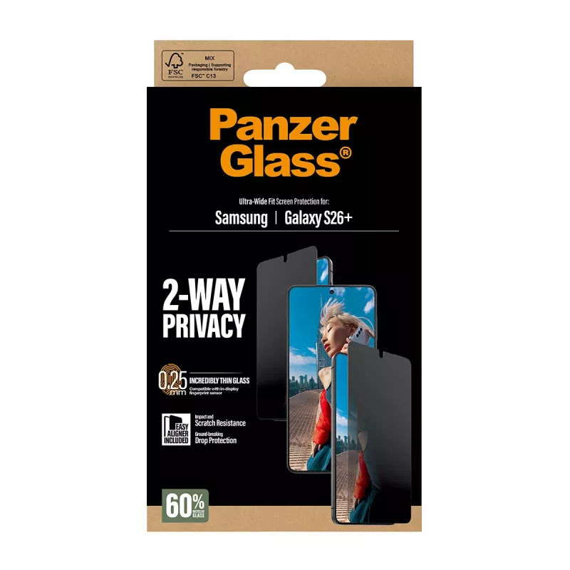 PanzerGlass® 2-Way Privacy ekrāna aizsargstikls Samsung Galaxy S26+ | Ultra-Wide Fit ar EasyAligner