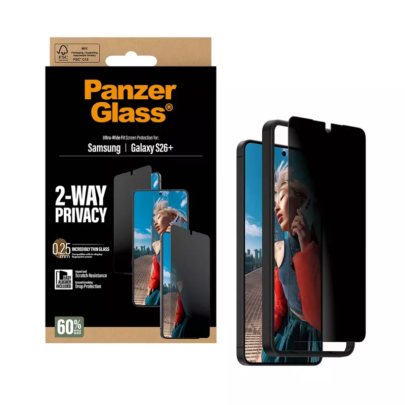 PanzerGlass® 2-Way Privacy ekrāna aizsargstikls Samsung Galaxy S26+ | Ultra-Wide Fit ar EasyAligner