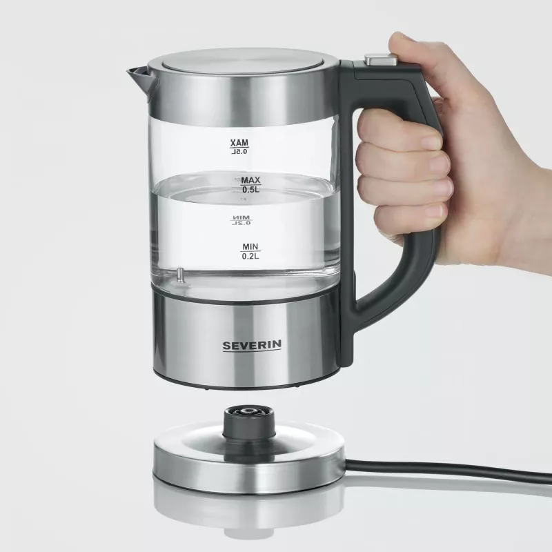 Elektriskā tējkanna SEVERIN WK3458, 0,5 L, 1100 W, stikls un nerūsējošais tērauds, 5 temperatūras iestatījumi, bezvada