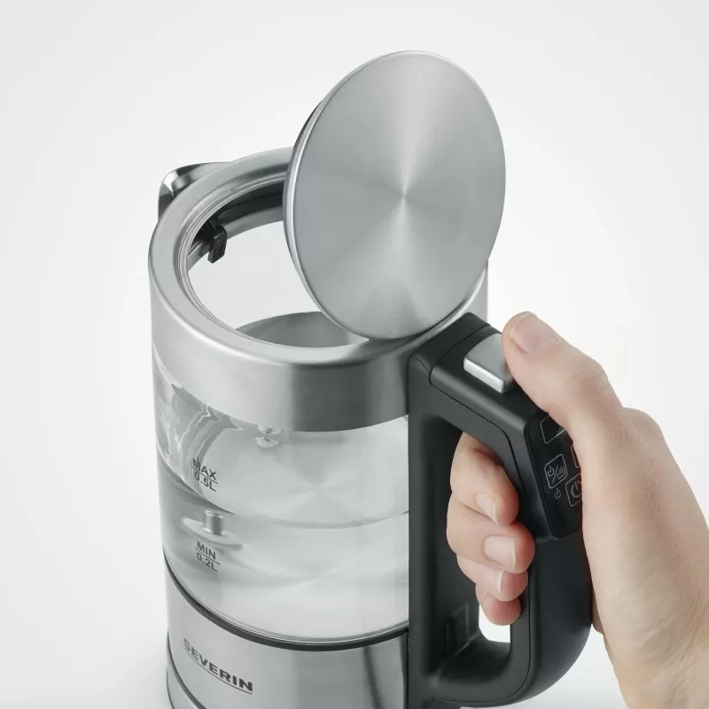 Elektriskā tējkanna SEVERIN WK3458, 0,5 L, 1100 W, stikls un nerūsējošais tērauds, 5 temperatūras iestatījumi, bezvada